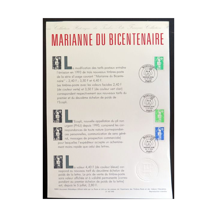 Document philatélique officiel la poste 6 planches de la Marianne du Bicentenaire 