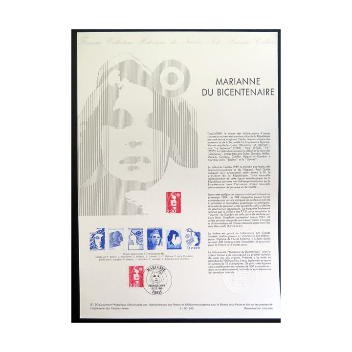 Document philatélique officiel la poste 6 planches de la Marianne du Bicentenaire 