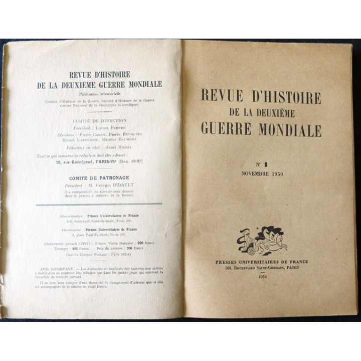 Revue d'histoire de la 2° guerre mondiale N°1 novembre 1950 aux Editions Presses Universitaires de France