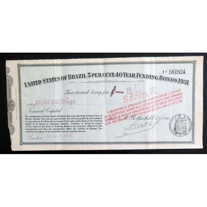 Obligation consolidée du Brésil 5 % 40 ans 1931 série F de 8 shillings
