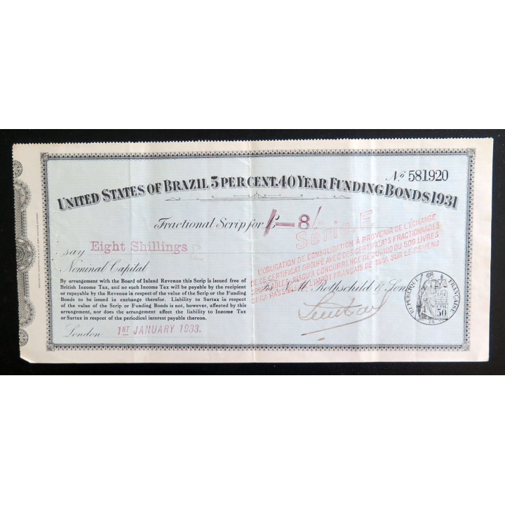Obligation consolidée du Brésil 5 % 40 ans 1931 série F de 8 shillings
