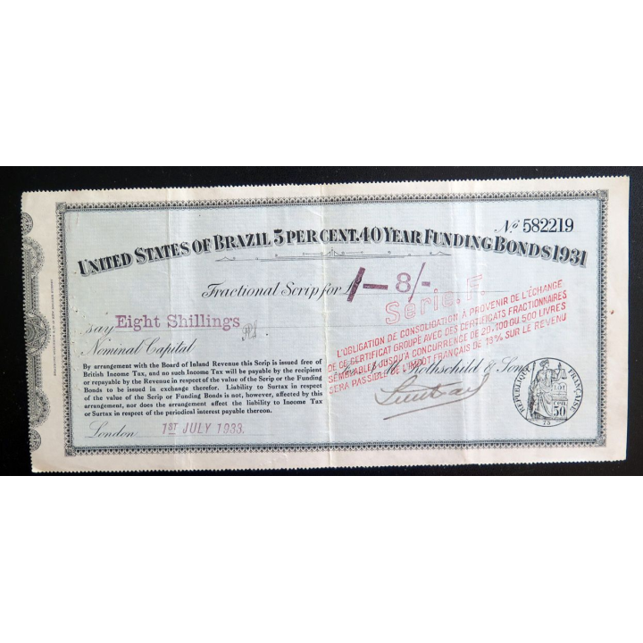 Obligation consolidée du Brésil 5 % 40 ans 1931 série F de 8 shillings