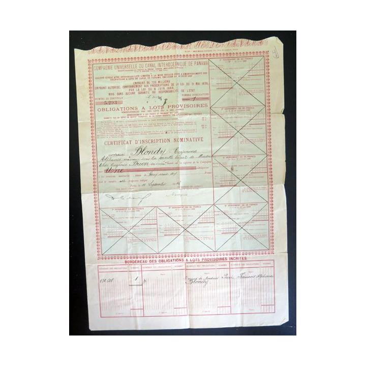 Obligation à lots provisoire nominative du Canal interocéanique de Panama n° 5293