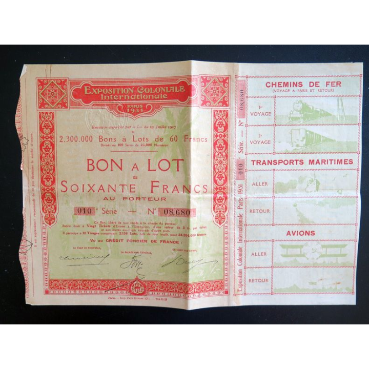 Bon à Lot de 60 francs exposition coloniale internationale 1931 10° Série