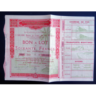 Bon à Lot de 60 francs exposition coloniale internationale 1931 10° Série