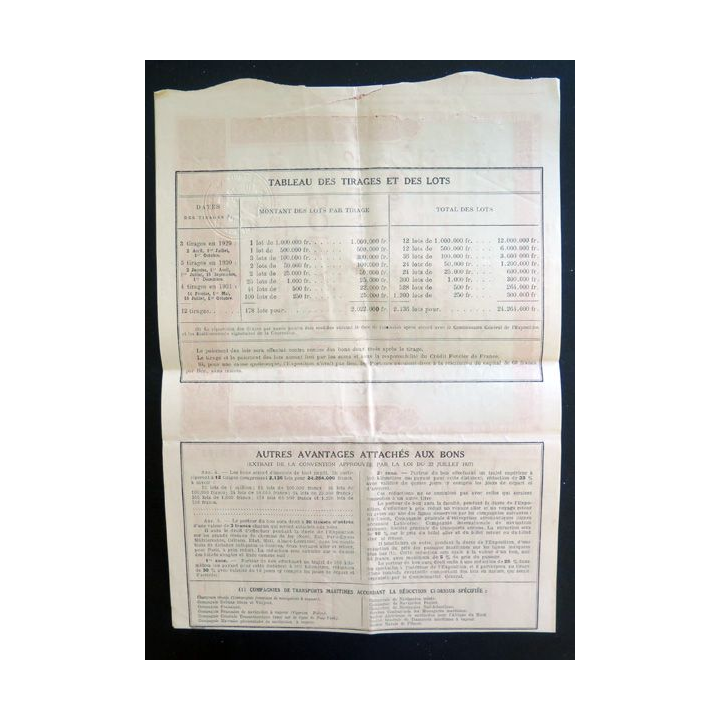 Bon à Lot de 60 francs exposition coloniale internationale 1931 10° Série