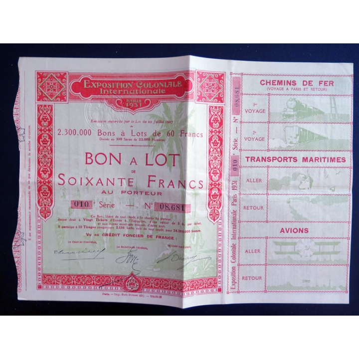 Bon à Lot de 60 francs exposition coloniale internationale 1931 10° Série