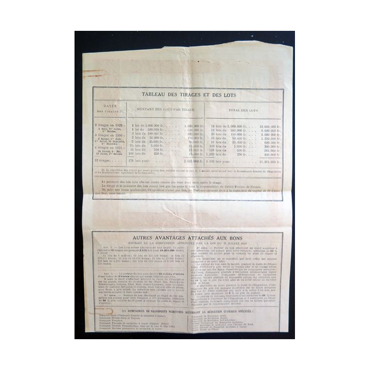 Bon à Lot de 60 francs exposition coloniale internationale 1931 10° Série