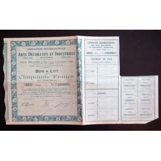 Bon à Lot de 50 francs exposition Internationale arts décoratifs et Industriels 1925 75° Série 