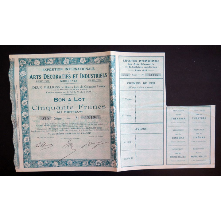 Bon à Lot de 50 francs exposition Internationale arts décoratifs et Industriels 1925 75° Série 
