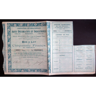 Bon à Lot de 50 francs exposition Internationale arts décoratifs et Industriels 1923 30° Série