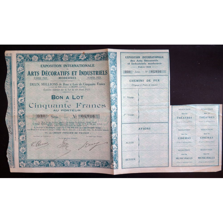 Bon à Lot de 50 francs exposition Internationale arts décoratifs et Industriels 1923 30° Série
