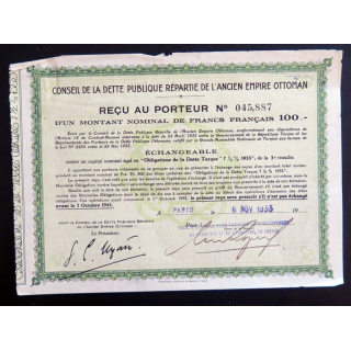 Obligation du conseil de la dette publique répartie de l'ancien empire ottoman de 100 francs 1933