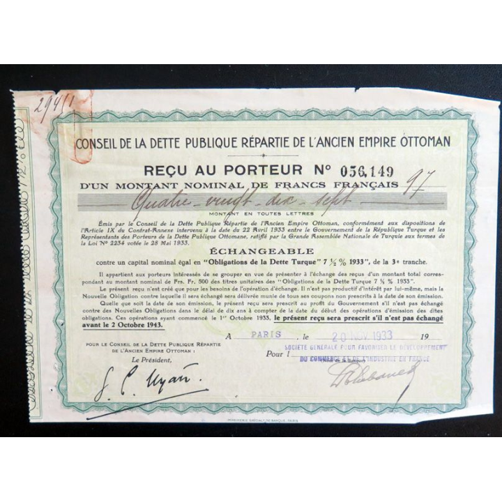 Obligation du conseil de la dette publique répartie de l'ancien empire ottoman de 97 francs 1933