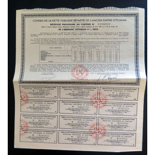 Obligation du conseil de la dette publique répartie de l'ancien empire ottoman de 500 francs 1933