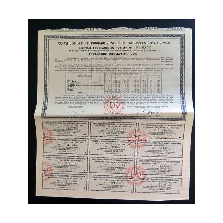 Obligation du conseil de la dette publique répartie de l'ancien empire ottoman de 500 francs 1933
