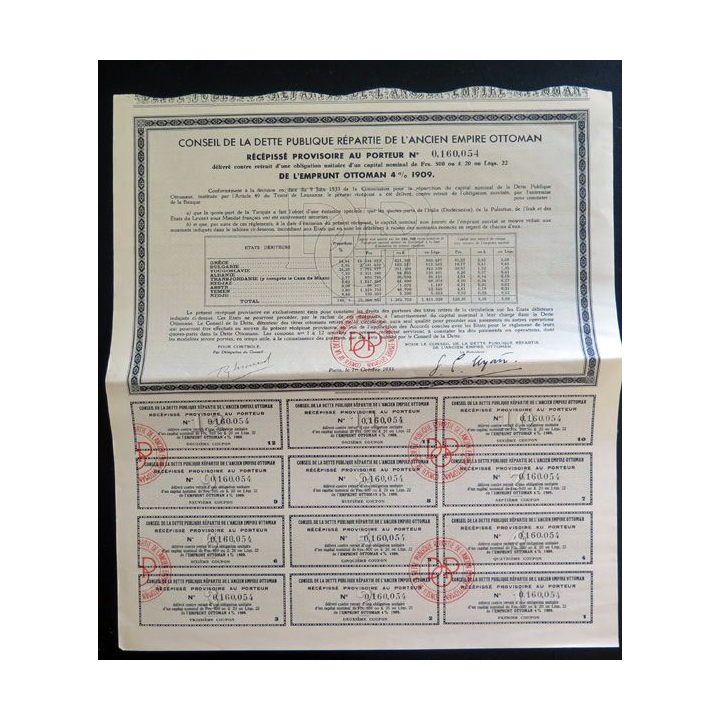 Obligation du conseil de la dette publique répartie de l'ancien empire ottoman de 500 francs 1933