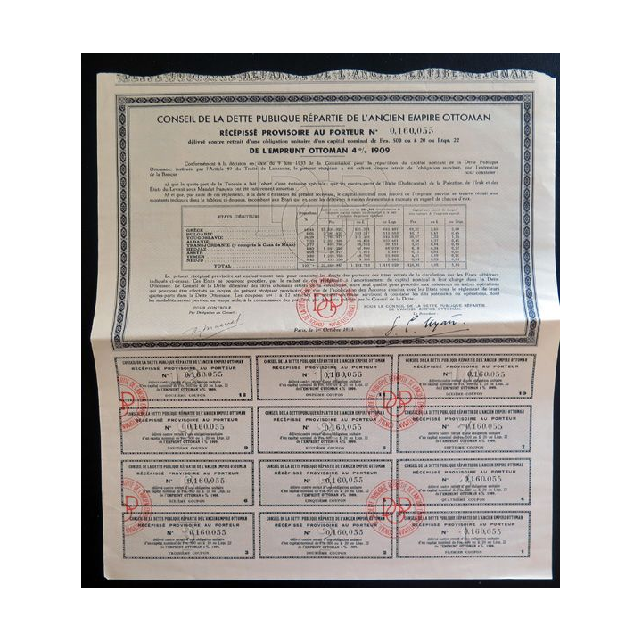 Obligation du conseil de la dette publique répartie de l'ancien empire ottoman de 500 francs 1933