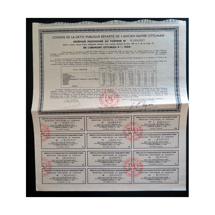 Obligation du conseil de la dette publique répartie de l'ancien empire ottoman de 500 francs 1909
