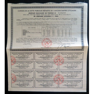 Obligation du conseil de la dette publique répartie de l'ancien empire ottoman de 500 francs 1909