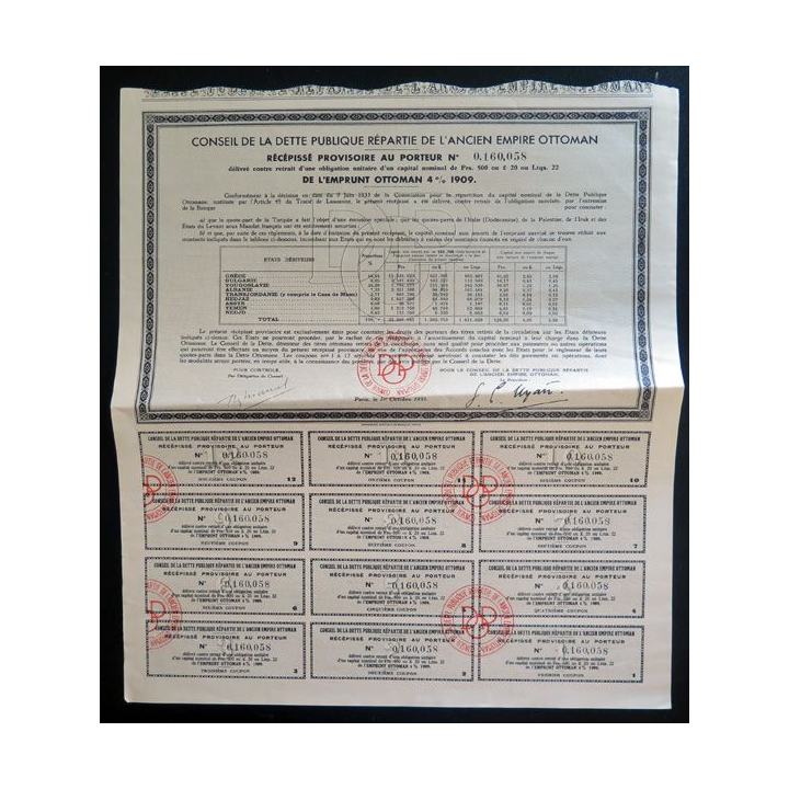 Obligation du conseil de la dette publique répartie de l'ancien empire ottoman de 500 francs 1909