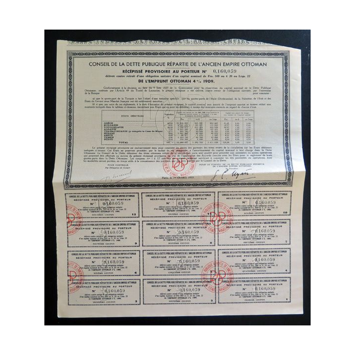 Obligation du conseil de la dette publique répartie de l'ancien empire ottoman de 500 francs 1909