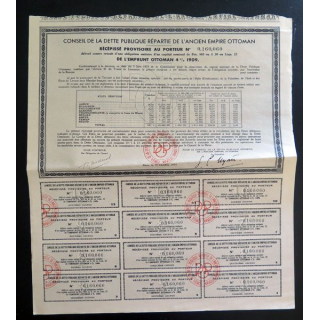 Obligation du conseil de la dette publique répartie de l'ancien empire ottoman de 500 francs 1909