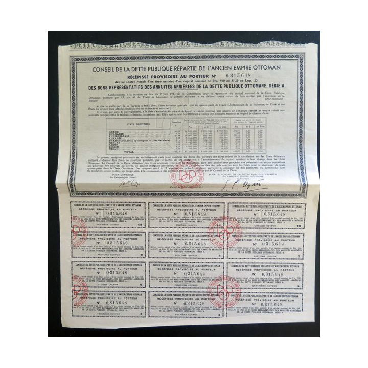 Obligation du conseil de la dette publique répartie de l'ancien empire ottoman de 500 francs série A 1933