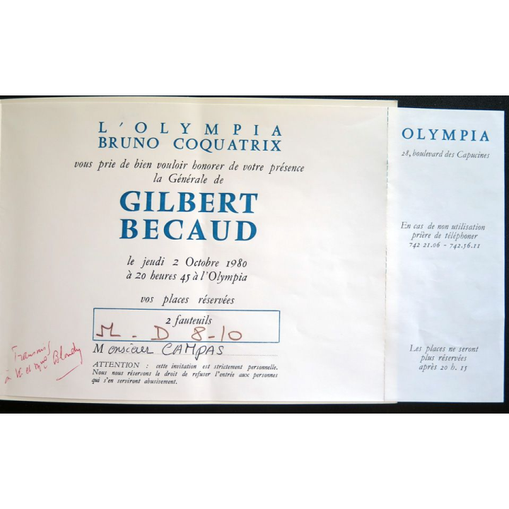 Billets pour la Générale de Gilbert bécard 2 octobre 1980 à l'Olympia