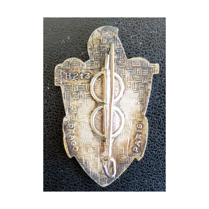 6° RG : insigne métallique du 6° régiment du Génie de fabrication Drago Paris H. 213 dos guilloché argenté