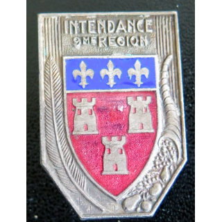 INTENDANCE 9° RM : insigne de l'intendance de la 9° région militaire de fabrication Drago rue Béranger en émail