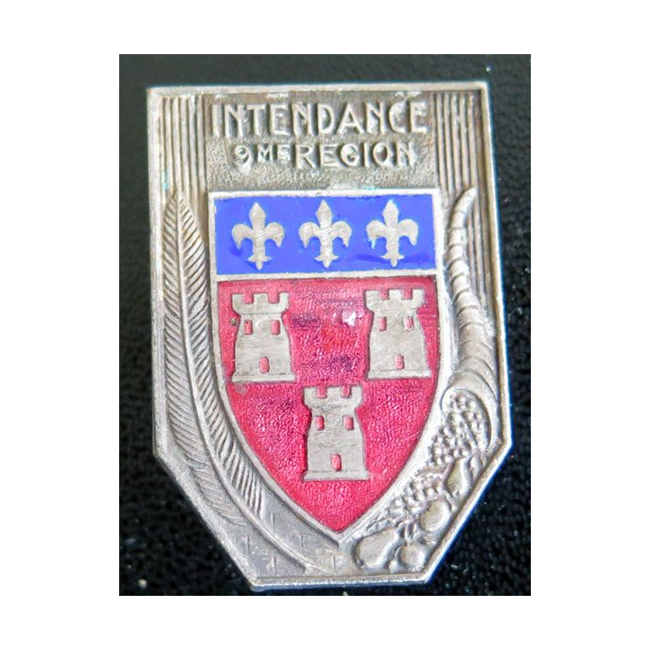INTENDANCE 9° RM : insigne de l'intendance de la 9° région militaire de fabrication Drago rue Béranger en émail