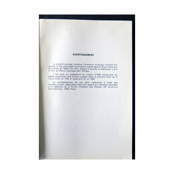 Revue Historique des Armées- tables analytiques 1969-1973 supplement Au N°4/1973