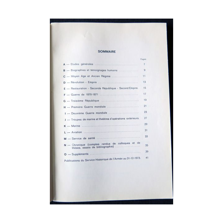 Revue Historique des Armées- tables analytiques 1969-1973 supplement Au N°4/1973