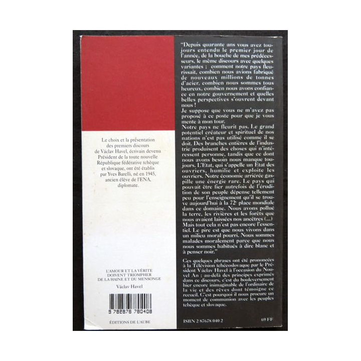 L'amour et la vérité doivent triompher de la haine et du mensonge de Vaclav Havel aux Editions de l'Aube