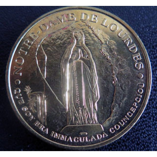 Médaille souvenir en métal doré de Basilique ND du Rosaire Lourdes diamètre 3,4 cm