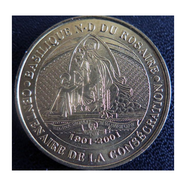 Médaille souvenir en métal doré de Basilique ND du Rosaire Lourdes diamètre 3,4 cm