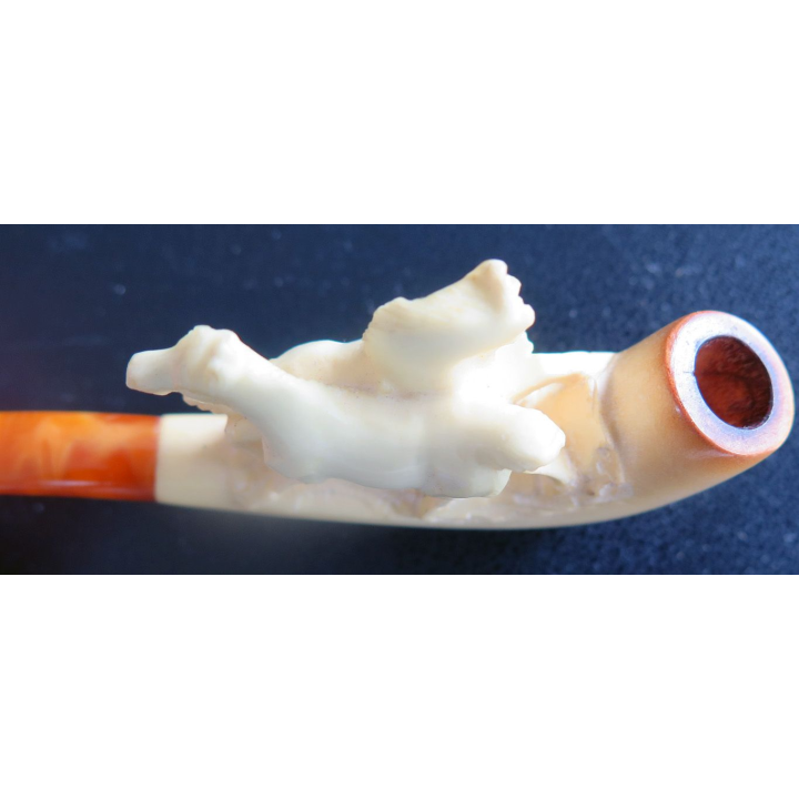 Pipe sculptée avec chevaux en écume et ambre véritables 8,5 x 3,5 cm