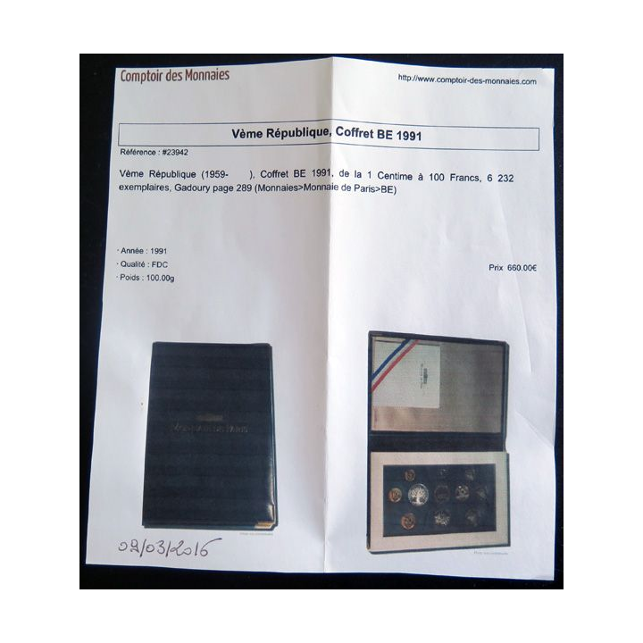 FRANCE : Coffret Belle épreuve 1991 de 1c à 100 francs argent n° 6 561/10 000