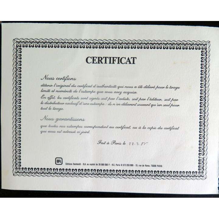 Certificat d'authenticité de la Lithographie de Toffoli Le Moulin isolé 1985