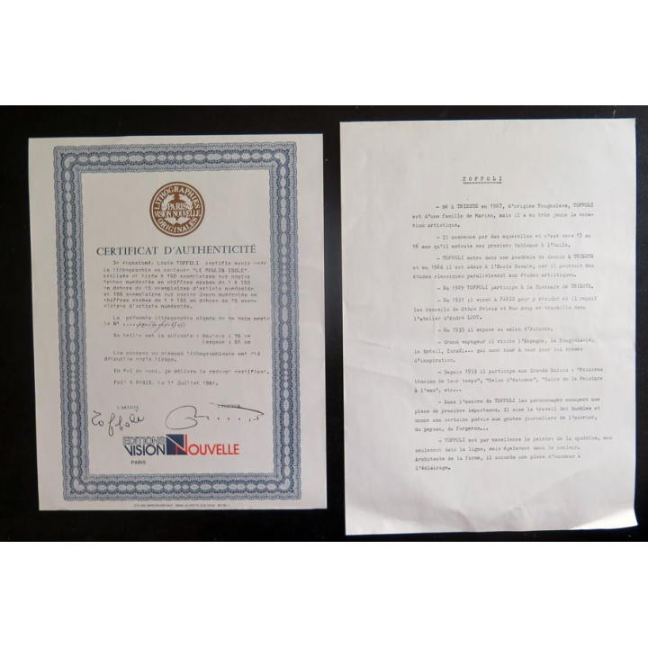 Certificat d'authenticité de la Lithographie de Toffoli Le Moulin isolé 1985