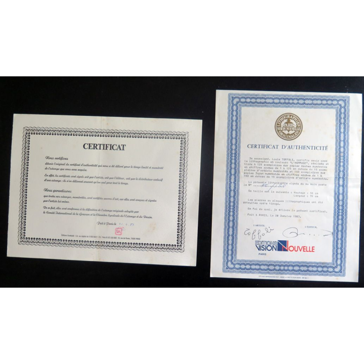 Certificat d'authenticité de la Lithographie de Toffoli L'Hommage 1983