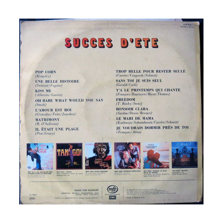 Disque vinyl 33 t  Succès d'été 72 aux Editions MFP