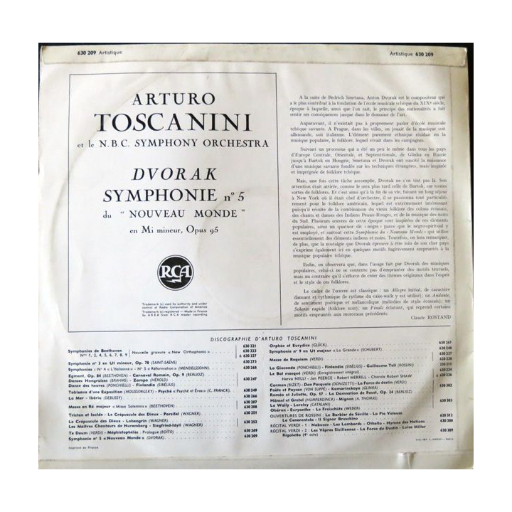 Disque vinyl 33 t  Symphonie N°5 en mi Mineur Op95 du Nouveau Monde de Arturo Toscanini RCA