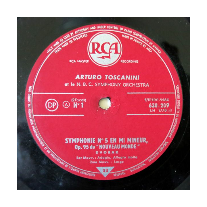 Disque vinyl 33 t  Symphonie N°5 en mi Mineur Op95 du Nouveau Monde de Arturo Toscanini RCA
