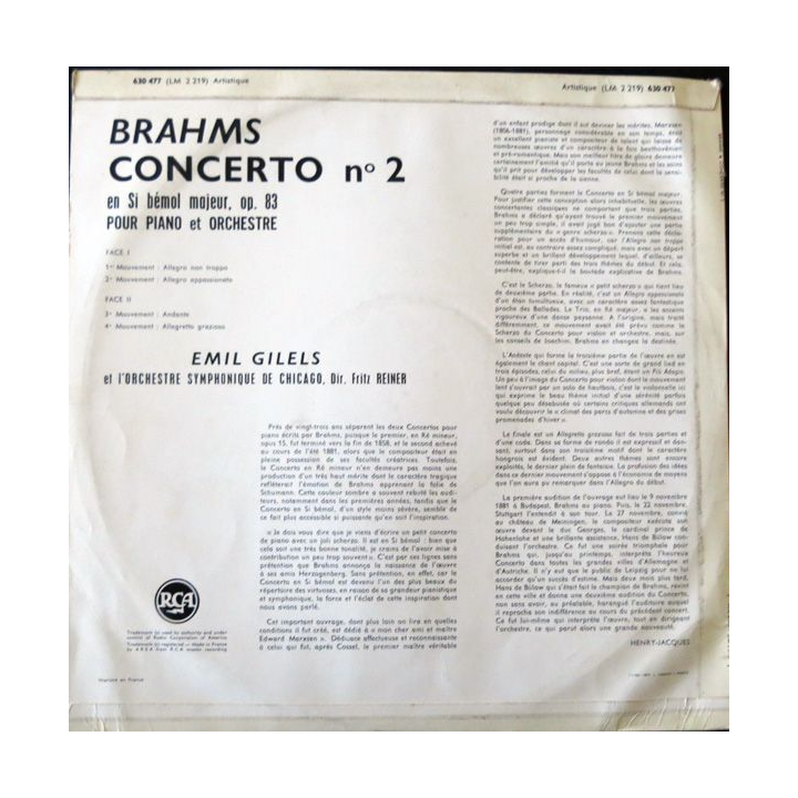 Disque vinyl 33 t  Gilels Reiner & Chicago Symphony - Brahms Concerto N° 2 Emil Gilels RCA