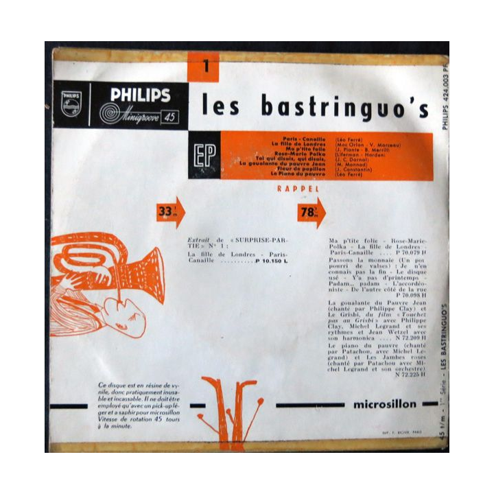 Disque 45 t - Les Bastringu'os - Paris canaille aux Editions Philips Microsillon