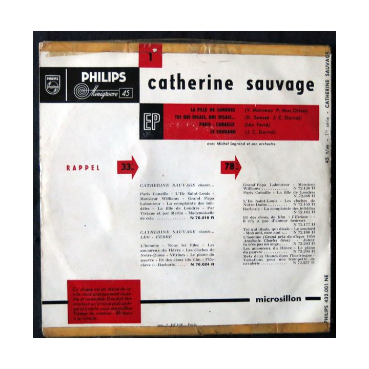 Disque 45 t Catherine Sauvage - La fille de Londres aux Editions Philips Microsillon