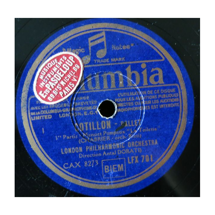 Disque 33 t  - Cotillon (Ballet) 1°et 2° partie par le London Philharmonic Orchestra Editions Columbia