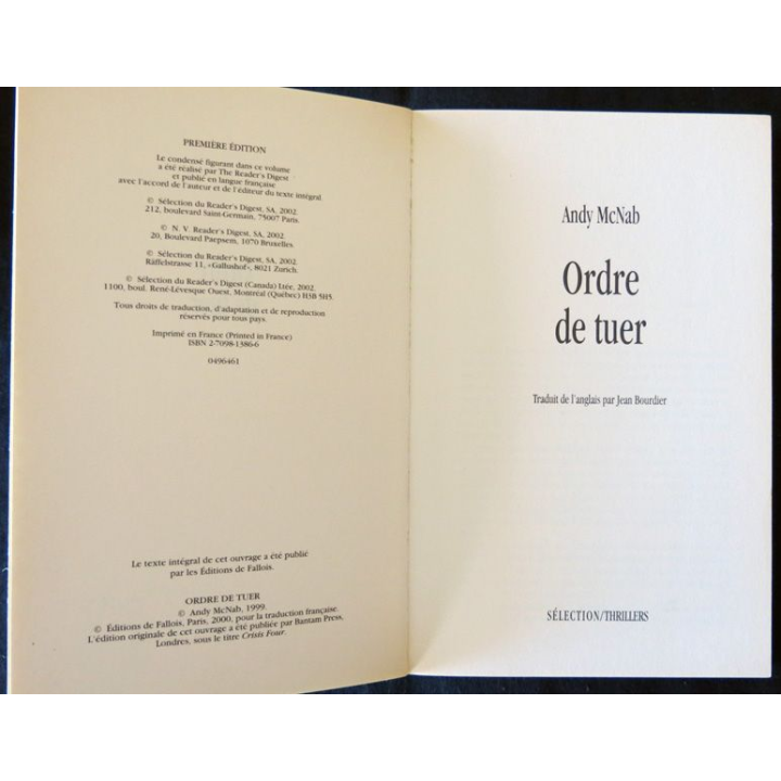 Ordre de tuer de Andy McNab aux Editions de Fallois